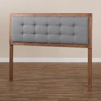 Baxton Studio Sarine Mid-Century Modern Dark Grey Fabric Upholstered Walnut Brown Finished Wood Queen Size Headboard