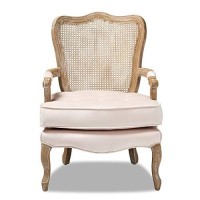 Baxton Studio Vallea Traditional French Provincial Light Beige Velvet Fabric Upholstered White-Washed Oak Wood Armchair