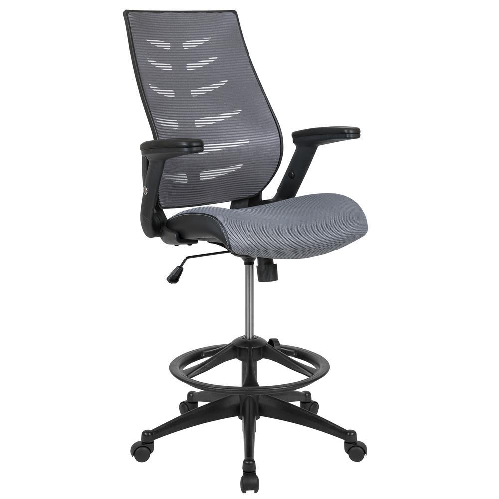 High Back Dark Gray Mesh Spine-Back Ergonomic Drafting Chair With Adjustable Foot Ring And Adjustable Flip-Up Arms