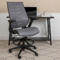 High Back Dark Gray Mesh Spine-Back Ergonomic Drafting Chair With Adjustable Foot Ring And Adjustable Flip-Up Arms