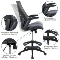 High Back Dark Gray Mesh Spine-Back Ergonomic Drafting Chair With Adjustable Foot Ring And Adjustable Flip-Up Arms