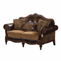 HomeRoots 2-Tone Brown Pu & chenille Upholstery, Wood 37 X 70 X 42 PU chenille Upholstery Wood Loveseat w3 Pillows