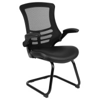 Black Mesh Sled Base Side Reception Chair with White Stitched LeatherSoft Seat and Flip-Up Arms