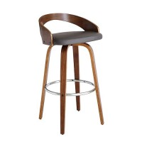 Armen Living Sonia Mid Century Modern Swivel Bar Stool For Kitchen Island Counter In Gray Faux Leather And Walnut Wood, 30