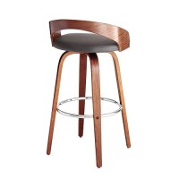 Armen Living Sonia Mid Century Modern Swivel Bar Stool For Kitchen Island Counter In Gray Faux Leather And Walnut Wood, 30