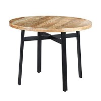 The Urban Port 39-Inch Round Mango Wood Dining Table With Angled Iron Leg Support, Brown And Black