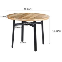 The Urban Port 39-Inch Round Mango Wood Dining Table With Angled Iron Leg Support, Brown And Black