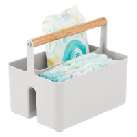 Mdesign Plastic Portable Nursery Organizer Caddy Tote, Divided Basket Bin With Bamboo Handle - Hold Bottles, Spoons, Bibs, Pacifiers, Diapers, Wipes, Baby Lotion - Aura Collection - Stone Gray/Natural