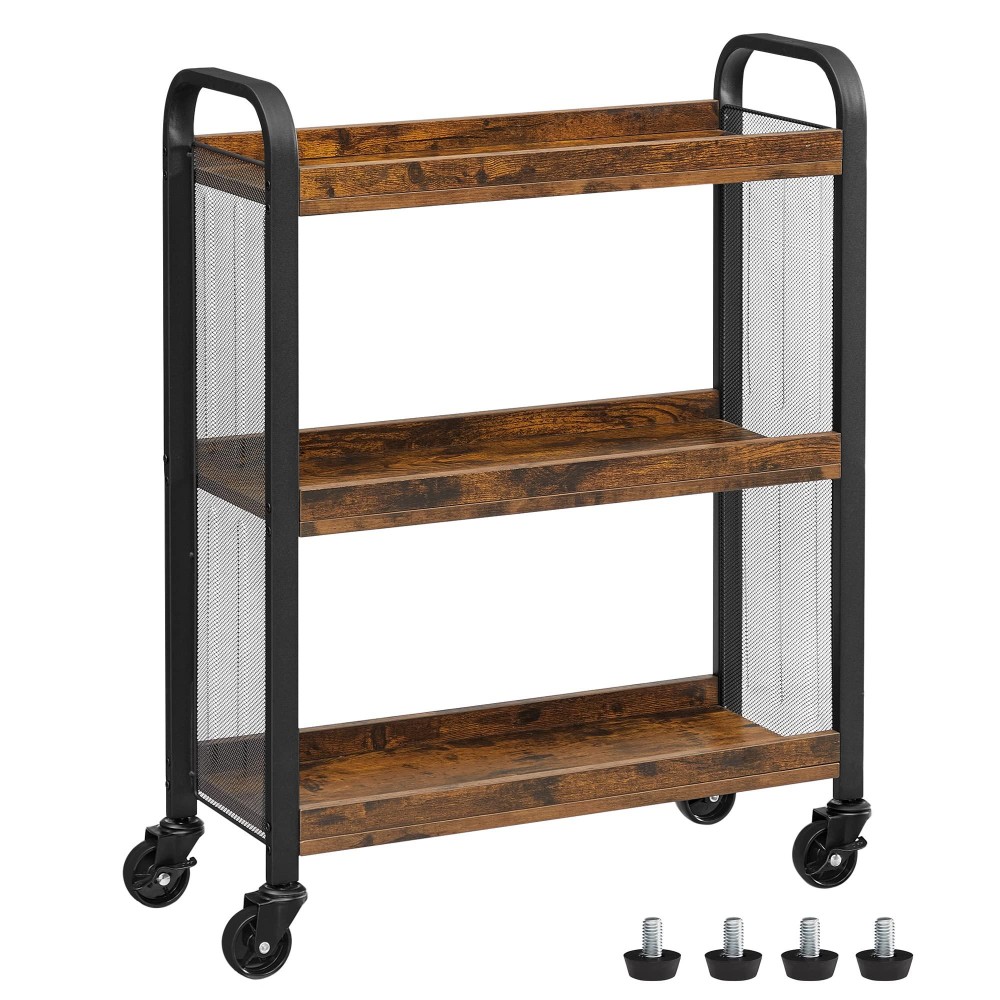 Vasagle 3-Tier Narrow Storage Cart, Rolling Cart With Wheels, Steel Frame, Slim Storage Cart For Kitchen, Dining Room, Laundry Room, Adjustable Feet Included, Industrial Style, Rustic Brown And Black