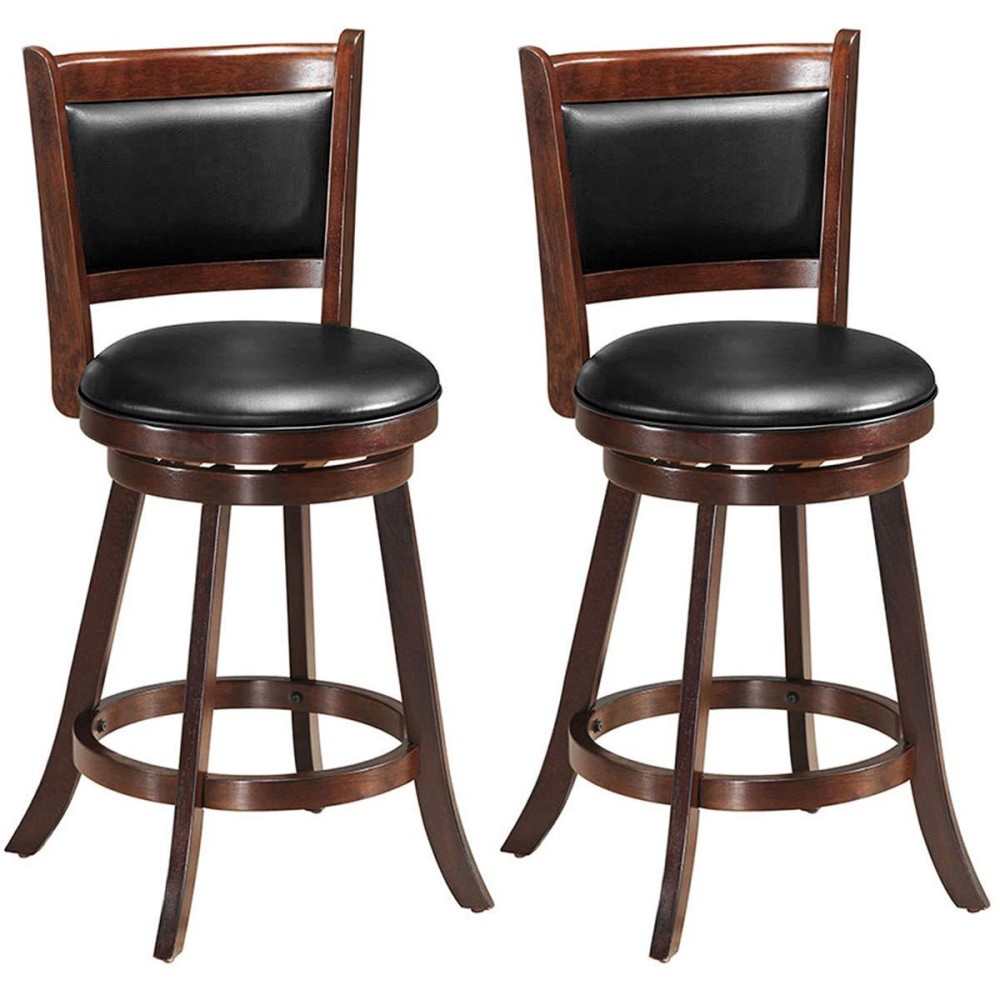 COSTWAY Bar Stools Set of 2, 360 Degree Swivel, Accent Wooden Swivel Seat Counter Height Bar Stool, Leather Upholstered Design, PVC Cushioned Seat, Perfect for Dining and Living Room (Height 24