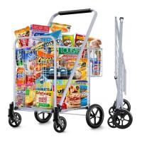 Shopping Cart, Jumbo Double Basket Grocery Cart 350 Lbs Capacity Folding Shopping Cart With 360? Rolling Swivel Wheels Super Loading Utility Shopping Cart For Laundry, Shopping, Grocery, Luggage