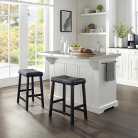 Julia Stainless Steel Top Island WUph Saddle Stools WhiteBlack Kitchen Island 2 Counter Height Bar Stools