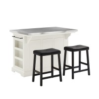 Julia Stainless Steel Top Island WUph Saddle Stools WhiteBlack Kitchen Island 2 Counter Height Bar Stools