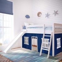 Max & Lily Low Loft Bed, Twin Bed Frame For Kids With Curtains For Bottom, Grey/Blue