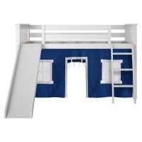 Max & Lily Low Loft Bed, Twin Bed Frame For Kids With Curtains For Bottom, Grey/Blue