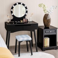 Giantex Vanity Table Set With 8 Light Bulbs And Touch Switch, Princess Girls Dressing Table With Large Round Mirror, 2 Sliding Drawers And Cushioned Stool For Bedroom Bathroom (Black)