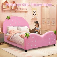 Costzon Twin Bed Frames For Kids, Wood Upholstered Twin Bed Platform With Slat Support, Padded Headboard&Footboard, No Box Spring Needed, Easy Assembly, Fits Standard Twin Mattress (Strawberry)