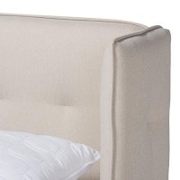 Baxton Studio Catarina Mid-Century Modern Light Beige Fabric Upholstered Walnut Finished Wood King Size Wingback Platform Bed