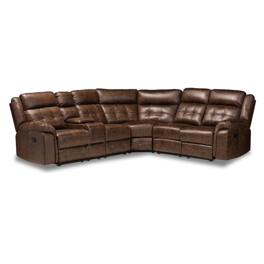 Baxton Studio Vesa Modern And Contemporary Brown Leather-Like Fabric Upholstered 6-Piece Sectional Recliner Sofa With 2 Reclining Seats