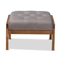 Baxton Studio Naeva Mid-Century Modern Grey Fabric Upholstered Walnut Finished Wood Footstool