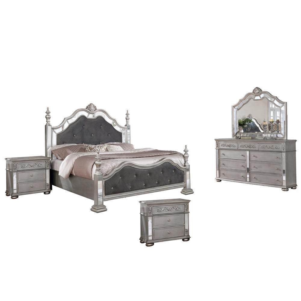 Gray Velvet 5 Piece Bedroom Set with Bed Posts Reflective Panels 2 Nightstands Queen