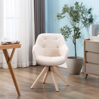 KINWELL Mid Century Modern Swivel Accent Chair, Upholstered Armchair, Desk Chair No Wheels with Sturdy Oak Wood Legs for Small Space Home Office Slim Adult, Beige