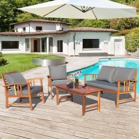 Tangkula 4 Pcs Acacia Wood Patio Furniture Set, Outdoor Seating Chat Set With Gray Cushions & Back Pillow, Outdoor Conversation Set With Coffee Table, Ideal For Garden, Backyard, Poolside