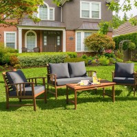 Tangkula 4 Pcs Acacia Wood Patio Furniture Set, Outdoor Seating Chat Set With Gray Cushions & Back Pillow, Outdoor Conversation Set With Coffee Table, Ideal For Garden, Backyard, Poolside