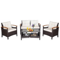 Happygrill 4 Piece Patio Conversation Set Rattan Sectional Sofa Set With Soft Cushions And Coffee Table, Outdoor Wicker Furniture Set With Acacia Wood Armrests, Perfect For Poolside, Garden, Backyard