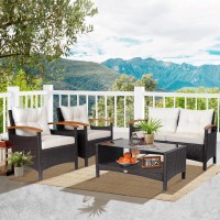 Happygrill 4 Piece Patio Conversation Set Rattan Sectional Sofa Set With Soft Cushions And Coffee Table, Outdoor Wicker Furniture Set With Acacia Wood Armrests, Perfect For Poolside, Garden, Backyard