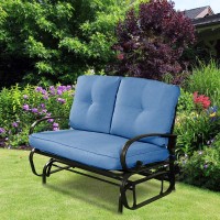 Giantex Navy Outdoor Glider Loveseat, Solid Wrought Iron Frame, Cotton Cushions, Ergonomic Design, For Two People, Easy Assembly