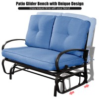 Giantex Navy Outdoor Glider Loveseat, Solid Wrought Iron Frame, Cotton Cushions, Ergonomic Design, For Two People, Easy Assembly