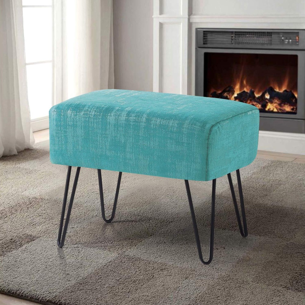 Home Soft Things Blue Textured Velvet Ottoman, North Sea, 19'' x 13'' x 17'' H, Fuzzy Entry Way Ottoman Bench for Living Room Bedroom End of Bed Decorative Makeup Stool Foot Rest Chair Home D?cor