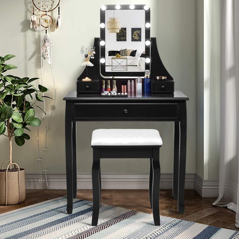 Charmaid Vanity Set With Lighted Mirror, Makeup Table With 10 Led Dimmable Bulbs, 3 Lighting Sets, 3 Drawers, Bedroom Dressing Table Vanity Desk With Cushioned Stool For Women Girls (Black)