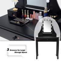 Charmaid Vanity Set With Lighted Mirror, Makeup Table With 10 Led Dimmable Bulbs, 3 Lighting Sets, 3 Drawers, Bedroom Dressing Table Vanity Desk With Cushioned Stool For Women Girls (Black)