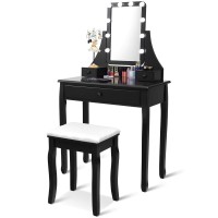 Charmaid Vanity Set With Lighted Mirror, Makeup Table With 10 Led Dimmable Bulbs, 3 Lighting Sets, 3 Drawers, Bedroom Dressing Table Vanity Desk With Cushioned Stool For Women Girls (Black)