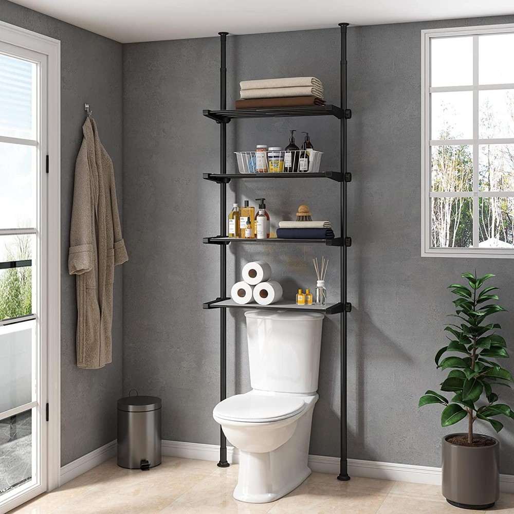 Allzone Bathroom Organizer, Over The Toilet Storage, 4-Tier Adjustable Shelves For Small Room, Saver Space, 92 To 116 Inch Tall, Black