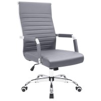 Kaimeng Ribbed Office Desk Mid Back Computer Chair Height Adjustable Conference Executive Task Swivel Pu Leather (Grey)