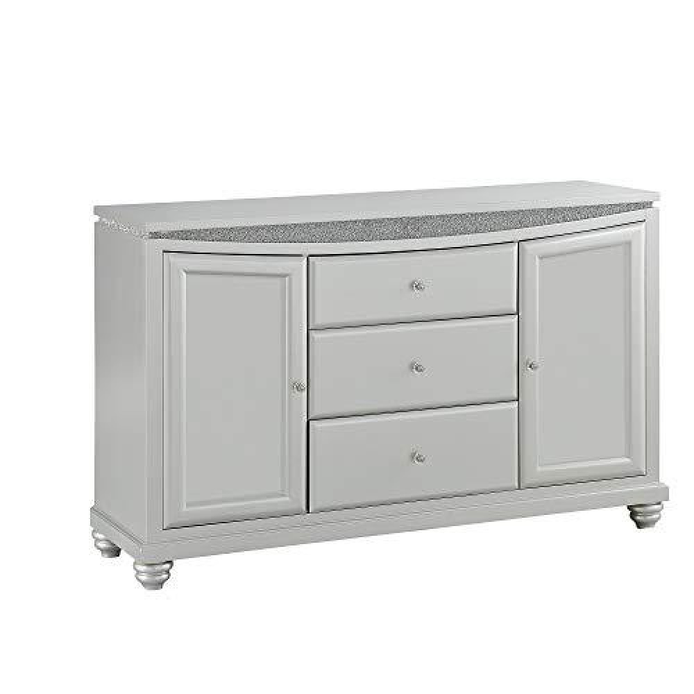 Benjara, Silver 3 Drawer And 2 Door Wooden Server With Crystal Accent