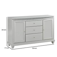 Benjara, Silver 3 Drawer And 2 Door Wooden Server With Crystal Accent