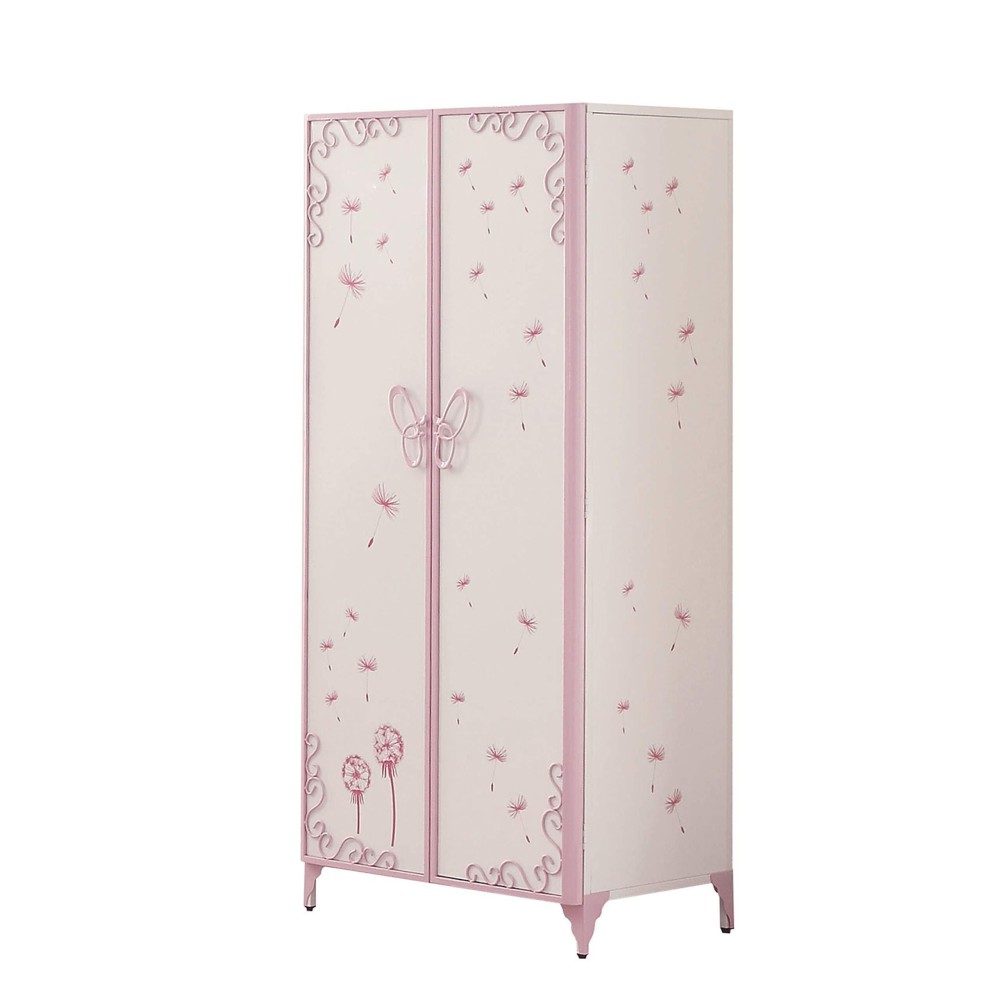 Benjara, White And Purple Metal Armoire With Butterfly Handle And Dandelions