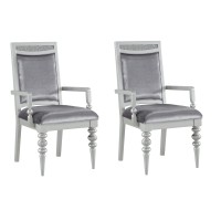 Benjara Crystal Inlaid Fabric Upholstered Wooden Arm Chair, Set Of 2, Silver