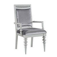 Benjara Crystal Inlaid Fabric Upholstered Wooden Arm Chair, Set Of 2, Silver