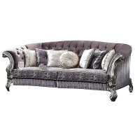 Benjara, Purple And Silver Velvet Upholstered Tufted Sofa With Carved Details