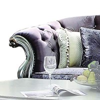 Benjara, Purple And Silver Velvet Upholstered Tufted Sofa With Carved Details