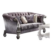 Benjara, Purple And Silver Velvet Tufted Wooden Loveseat With Carved Details