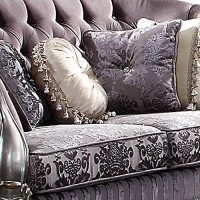 Benjara, Purple And Silver Velvet Tufted Wooden Loveseat With Carved Details