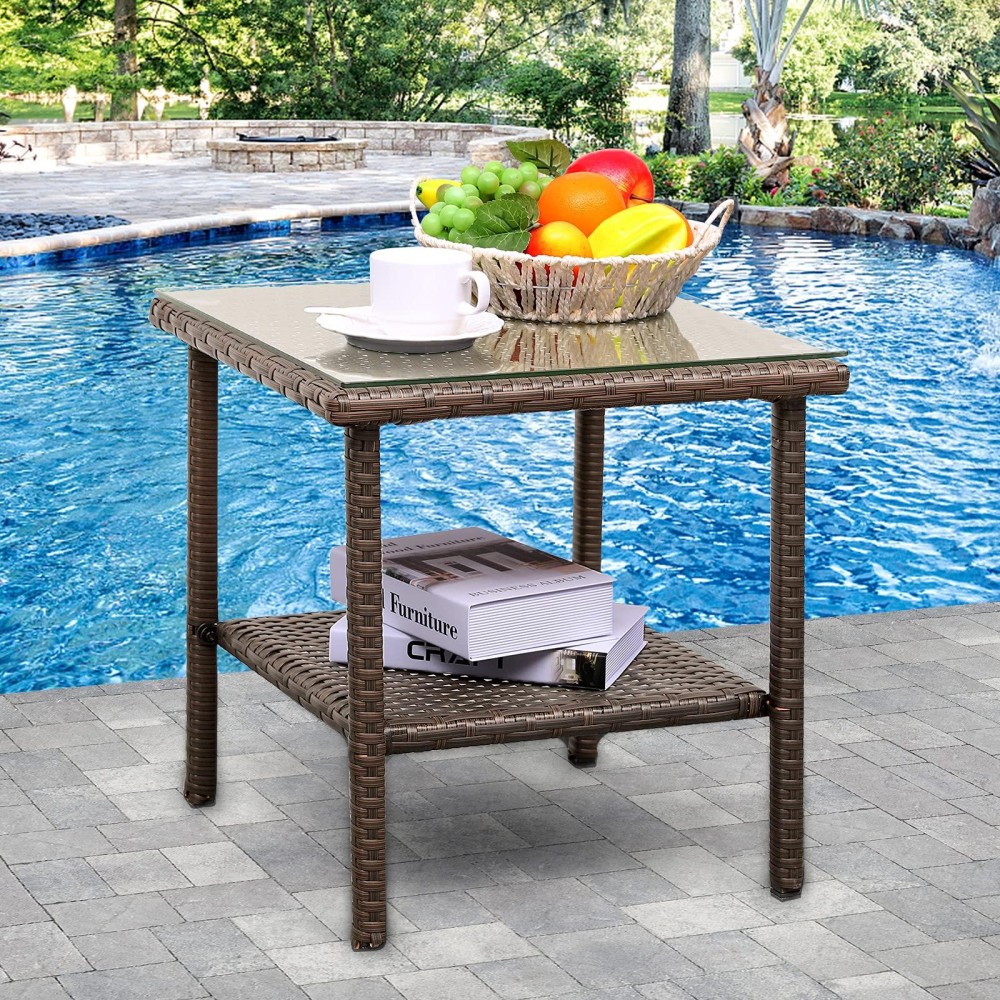 Outdoor Pe Wicker Side Table Patio Rattan Garden Coffee End Square Table With Glass Top2Layer Table Furniture Mix Brown