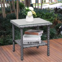 Outdoor Pe Wicker Side Table Patio Rattan Garden Coffee End Square Table With Glass Top2Layer Table Furniture Grey