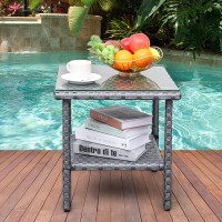 Outdoor Pe Wicker Side Table Patio Rattan Garden Coffee End Square Table With Glass Top2Layer Table Furniture Grey